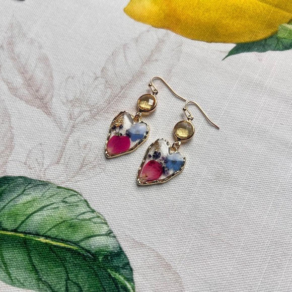 Floral Flower Petals Colorful Summer Abstract Resin Heart Earrings - Picture 2 of 9